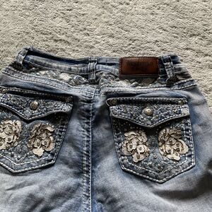 Westfield Eagle Flared Jeans Size 11 Blue Floral Pockets Distressed On The Botto